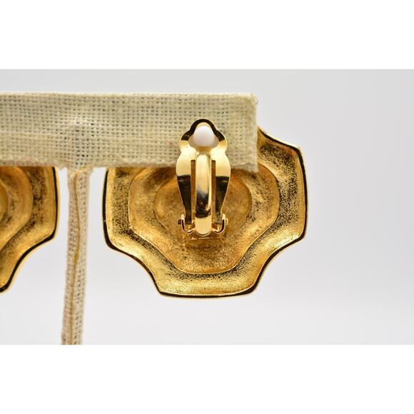 Fernando Vintage Clip Earrings Black White Enamel Gold Chunky FO Signed 80s Bin8 - Picture 9 of 12